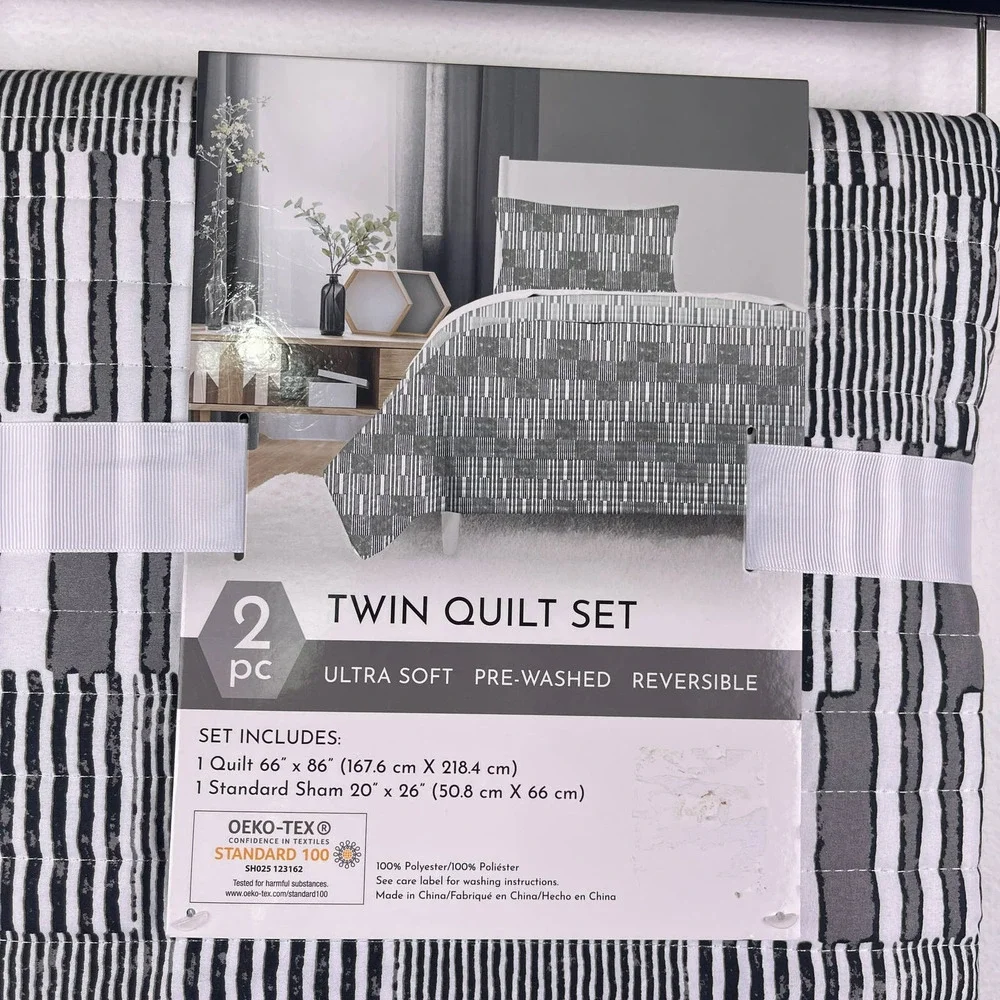 2 Piece Reversible Twin Quilt Set Oeko Tex Soft Grey Black White Striped Unisex